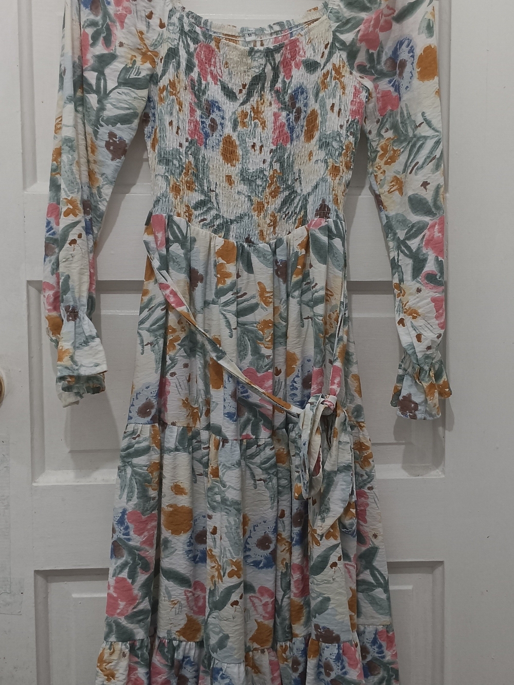 Cream Floral Maxi Dress with Smocked Bodice and Tie Waist